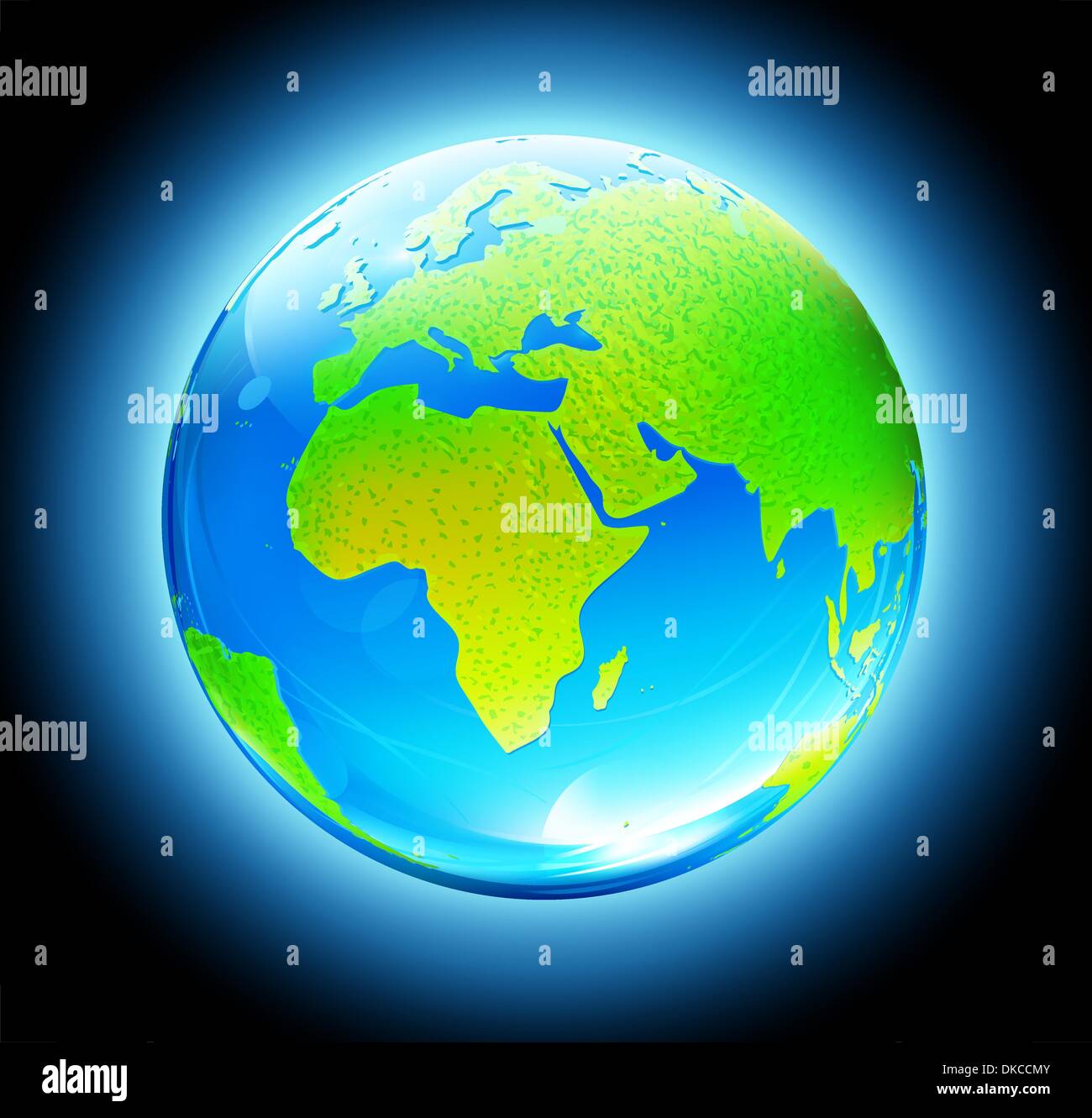 Vector illustration of Glossy Earth Map Globe on dark blue glowing ...