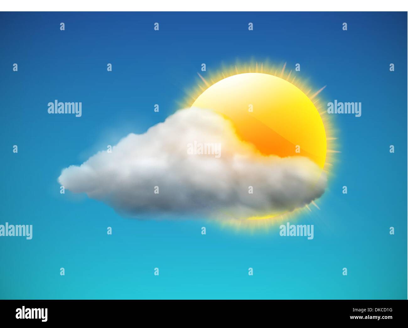 Vector illustration of cool single weather icon - sun with cloud floats in the sky Stock Vector