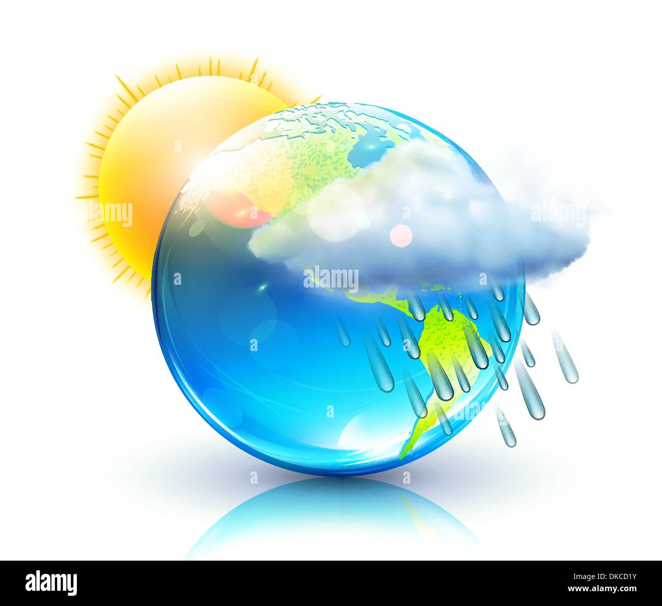 Vector illustration of cool single weather icon – blue globe with sun, raincloud and raindrops Stock Vector