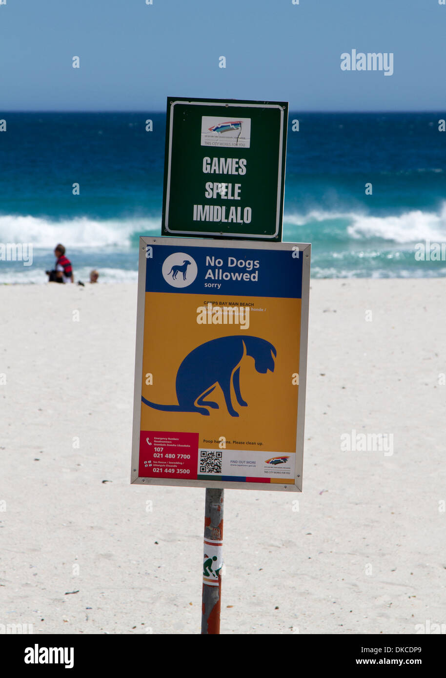 No dogs allowed sign on the beach of Camps Bay, Cape Town, South Africa Stock Photo