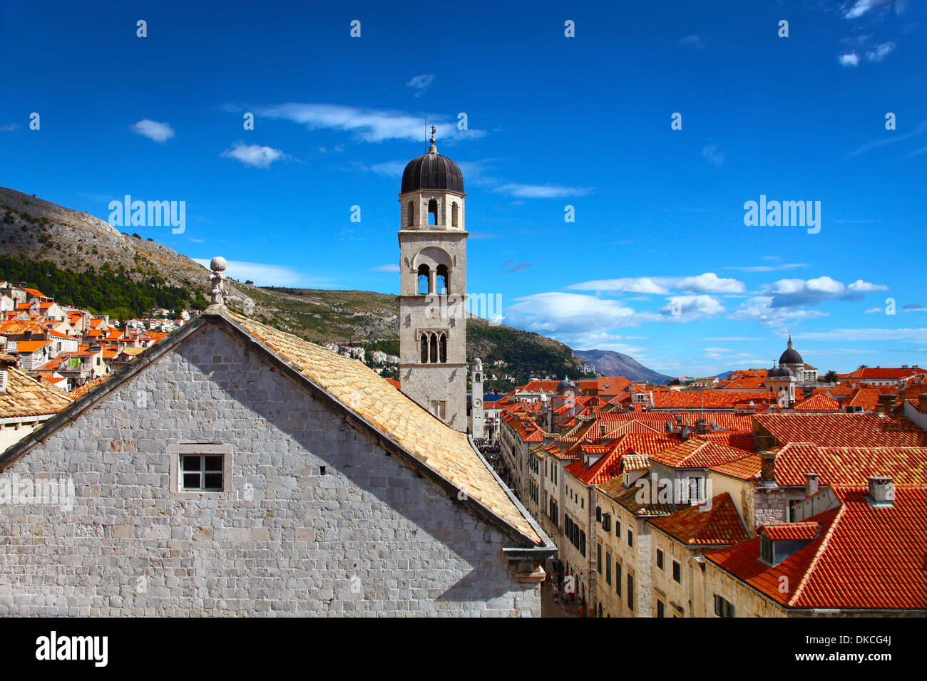 View of the main street of Dubrovnik and classic red tiled rooftops of