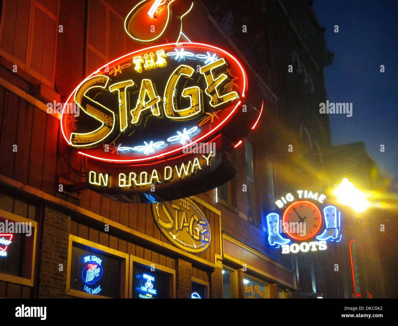 Neon signs outside Honky Tonk bars on Broadway in downtown Nashville