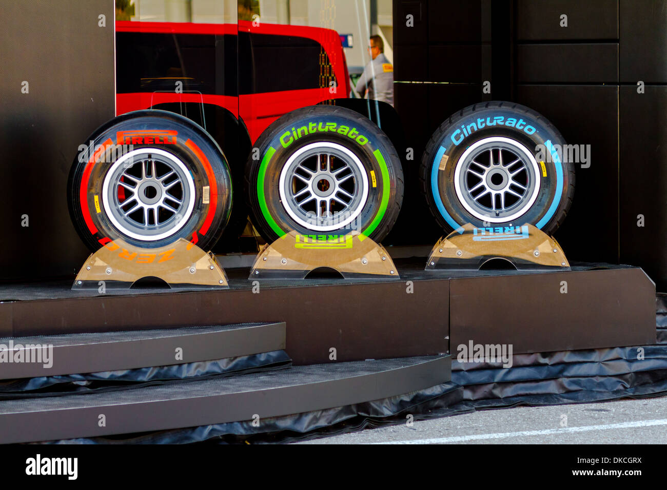 Exposition of the several sets of pneumatic tires Pirelli for the championship of Formula 1 of 2013 Stock Photo