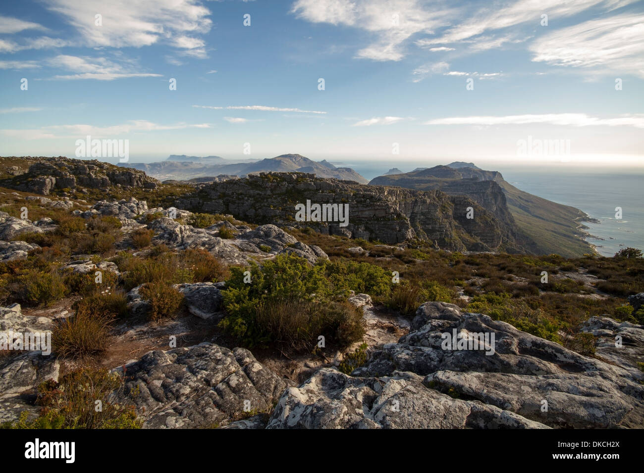 View of Table Mountain National Park towards Cape Point from the top of Table Mountain, Cape Town Stock Photo