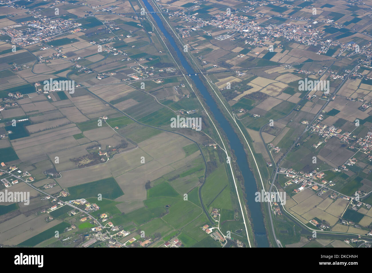Aerial view of canal and cultivated land near Venice, Italy Stock Photo