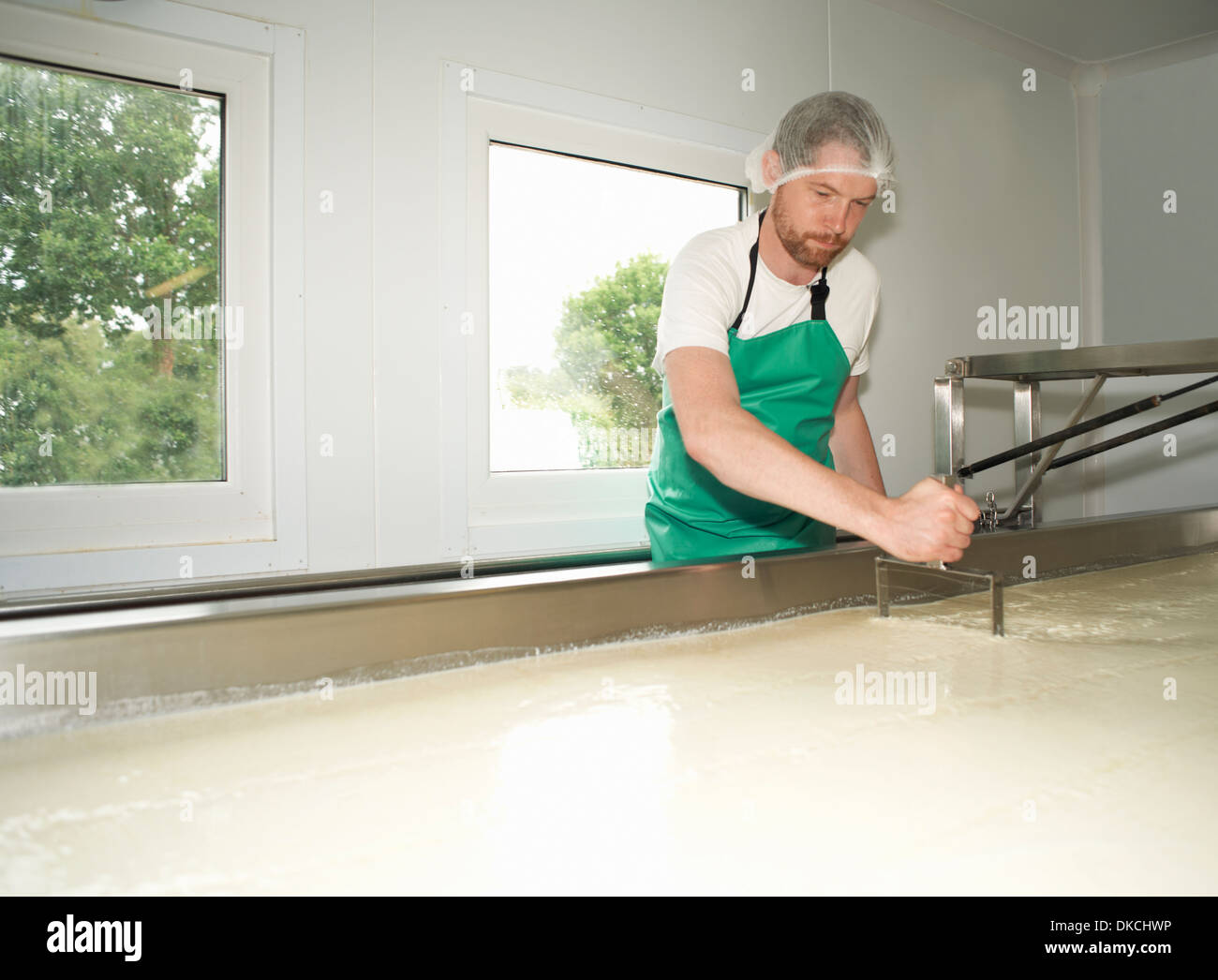 Cheesemaker slicing through curds at farm factory Stock Photo - Alamy