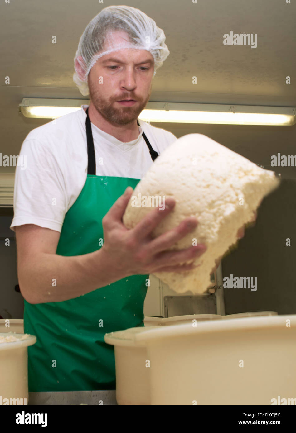 Cheesemaker holding part processed cheese round at farm factory Stock Photo