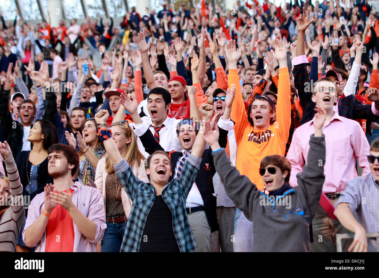 Oct. 22, 2011 - Charlottesville, Virginia, U.S. - Virginia Cavaliers fans cheer during an NCAA football game against North Carolina State Wolfpack at the Scott Stadium. NC State defeated Virginia 28-14. (Credit Image: © Andrew Shurtleff/ZUMAPRESS.com) Stock Photo