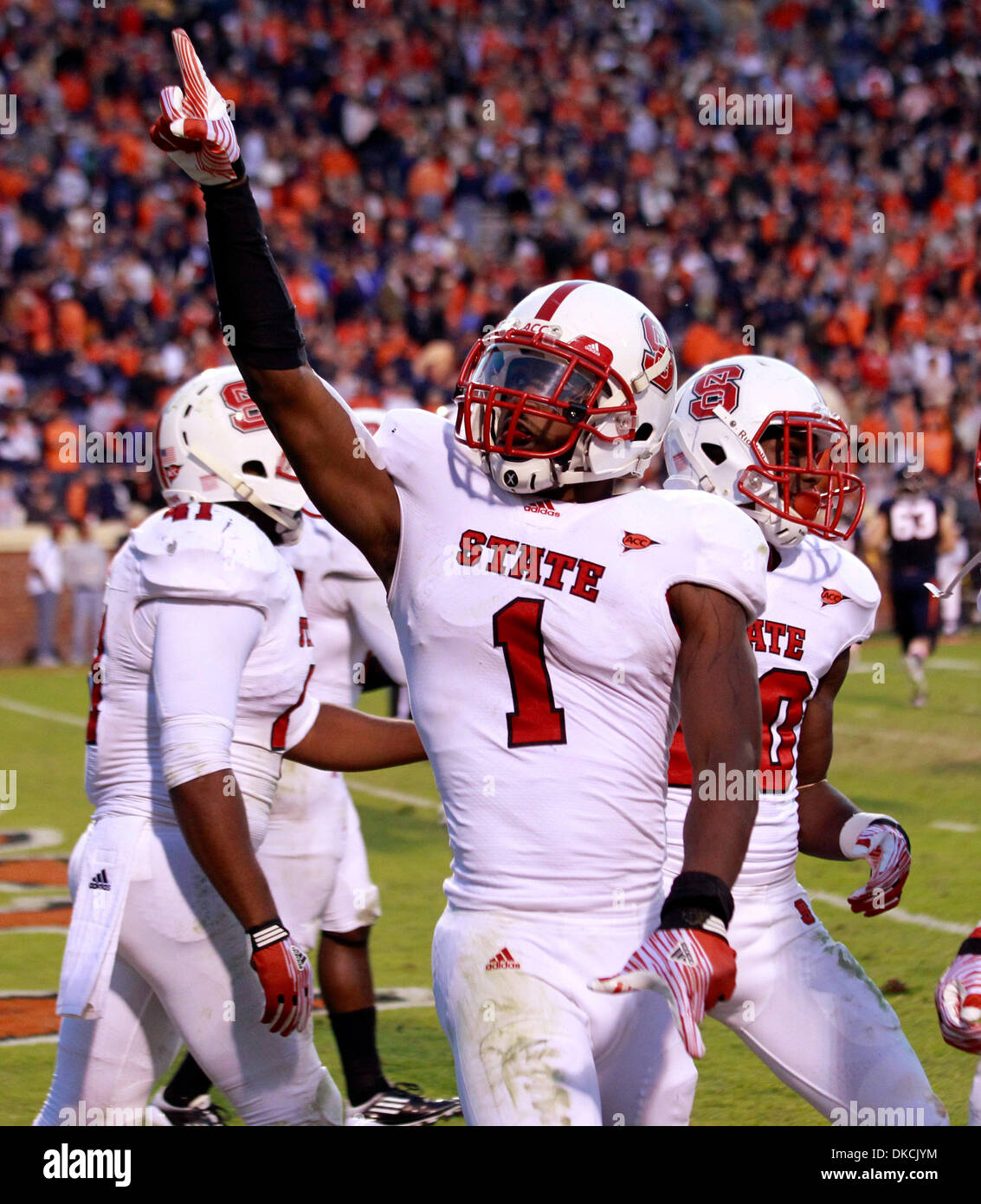 Oct. 22, 2011 - Charlottesville, Virginia, U.S. - North Carolina State Wolfpack cornerback DAVID AMERSON (1) celebrates a touchdown during an NCAA football game against the Virginia Cavaliers at the Scott Stadium. NC State defeated Virginia 28-14 (Credit Image: © Andrew Shurtleff/ZUMAPRESS.com) Stock Photo