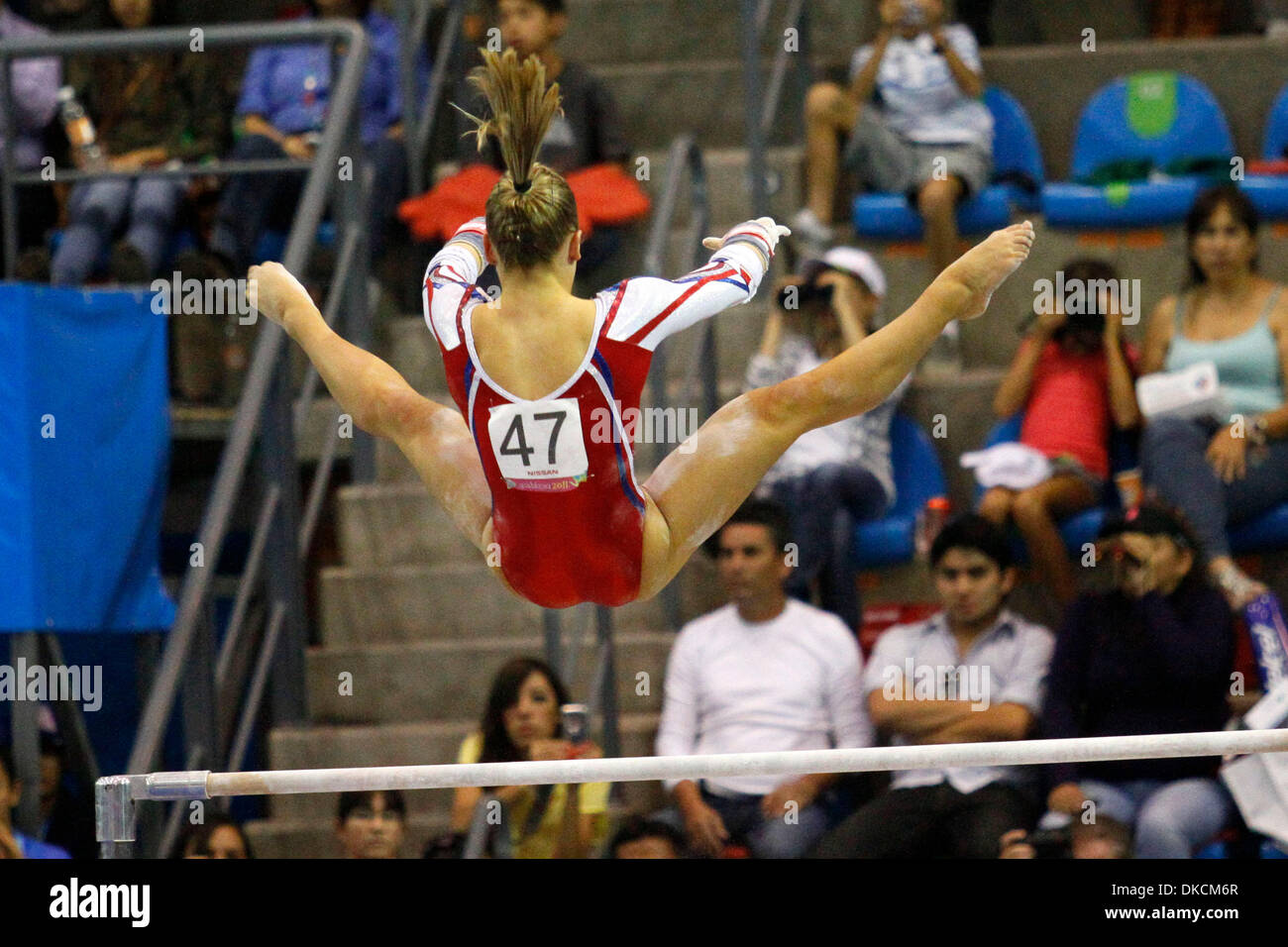 Oct. 24, 2011 - Guadalajara, Jalisco, Mexico - USA gymnast SHAWN JOHNSON performs on the uneven bars during the team competition at the 2011 Pan American Games. The U.S. took the gold medal in women's artistic gymnastics (Credit Image: © Jeremy Breningstall/ZUMAPRESS.com) Stock Photo