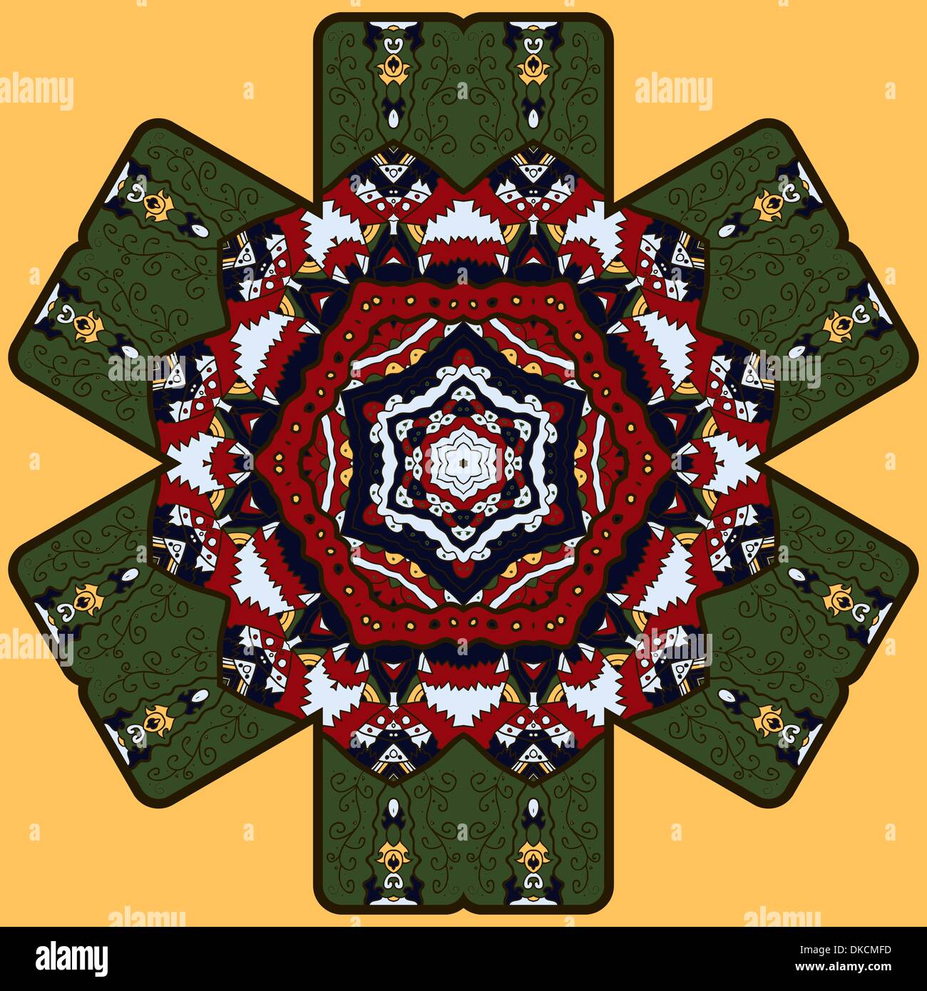 hexagonal round mandala pattern in red and green on the yellow ...