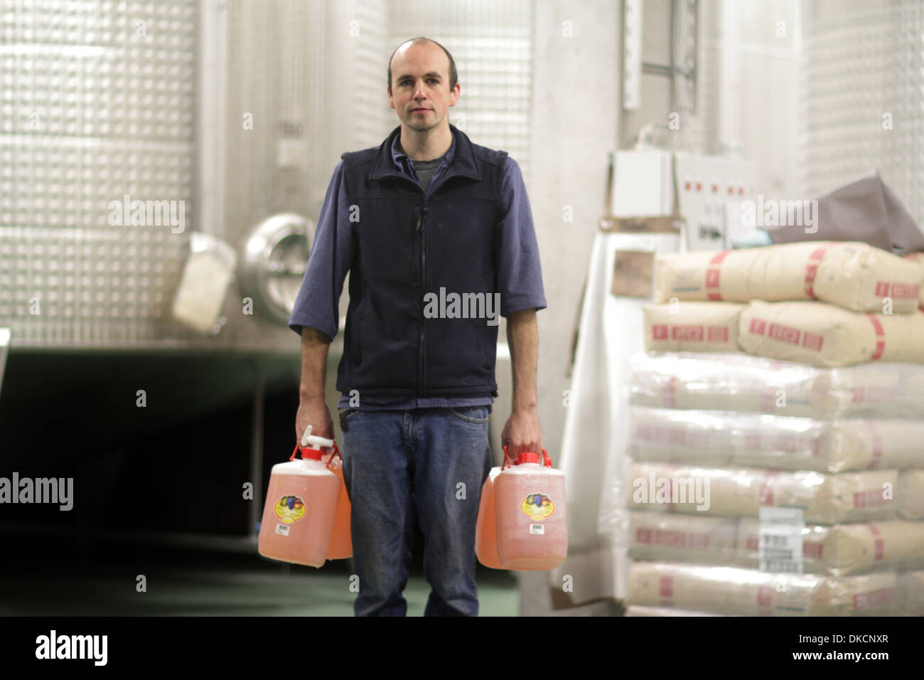 Wine maker with bottles in industrial wine cellar Stock Photo Alamy