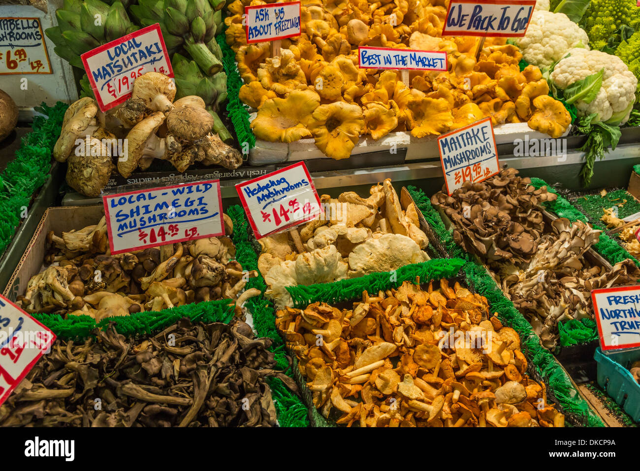 Wild mushrooms for sale in the Pike Place Market in November, Seattle, Washington State, USA Stock Photo