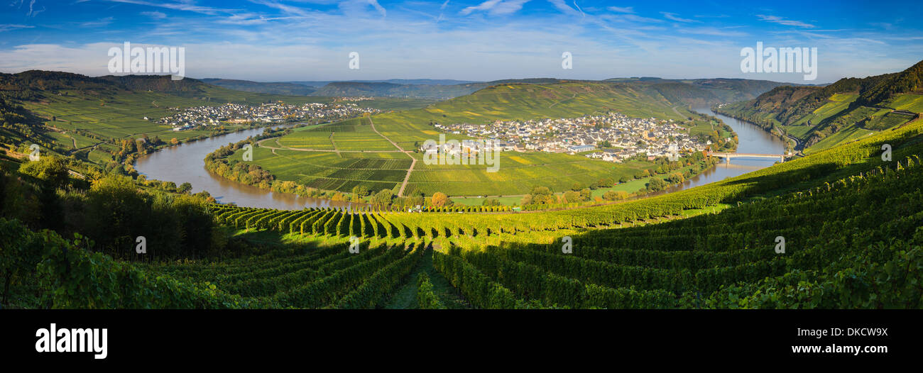 Bend in the river Moselle with the villages Leiwen and Trittenheim, western Germany. Stock Photo