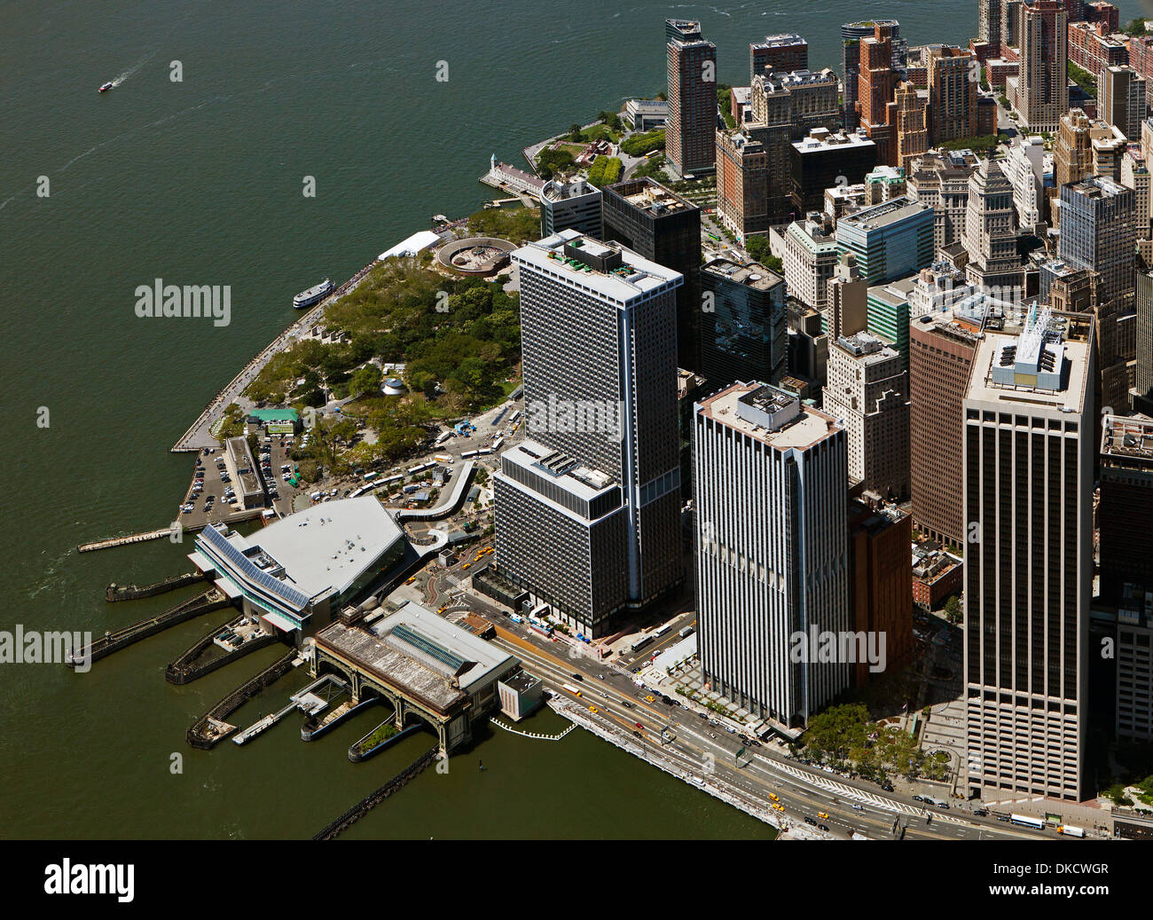 aerial photograph Whitehall Terminal South Ferry, Battery Maritime Building, New York Plaza, Lower Manhattan, New York City Stock Photo