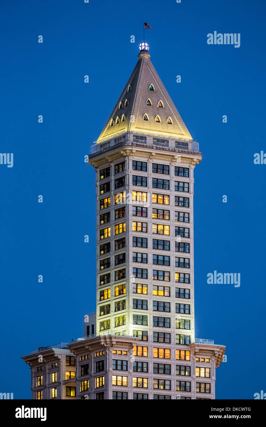 Smith Tower at twilight in downtown Seattle, Washington State, USA Stock Photo