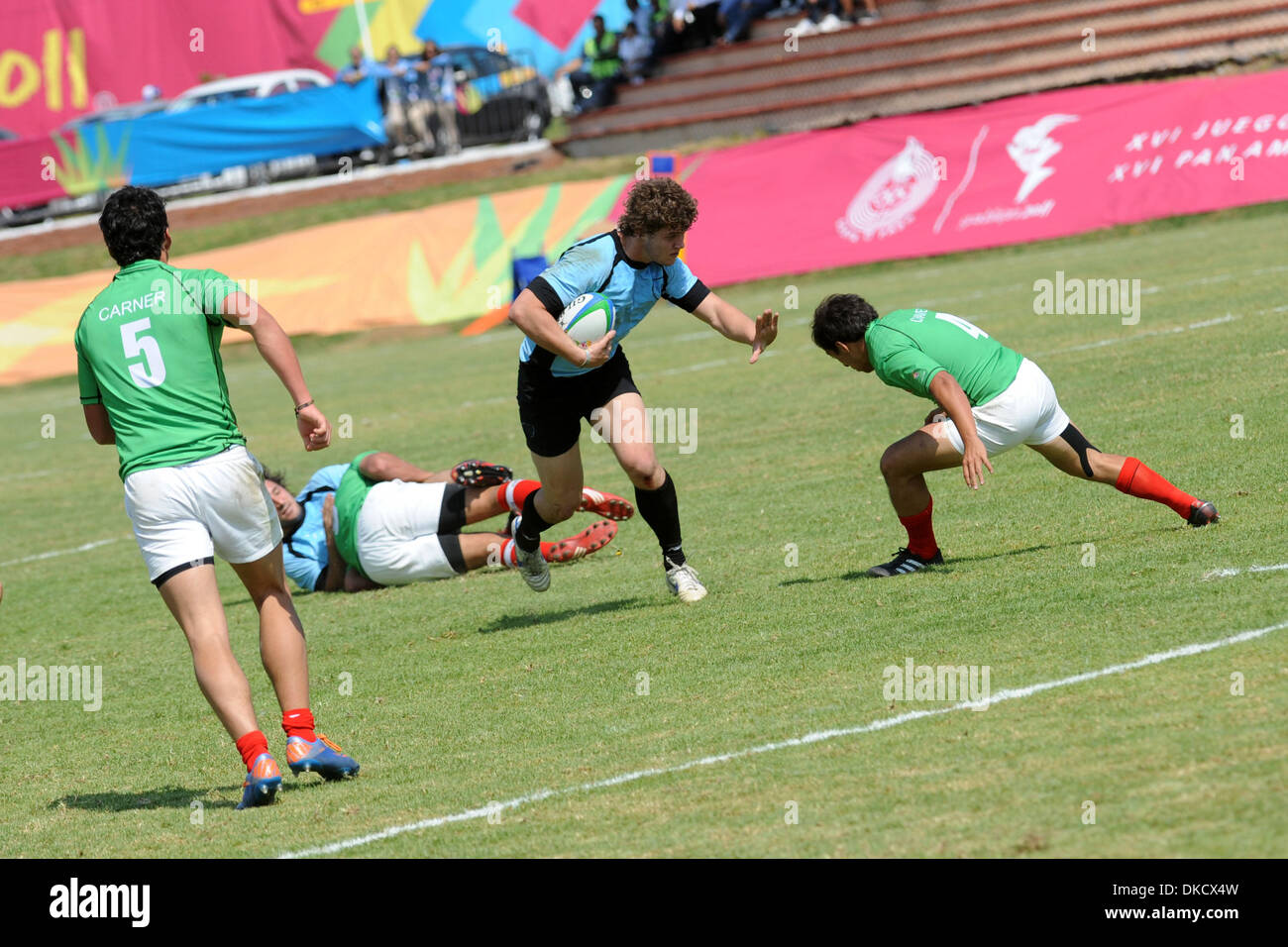 Oct. 29, 2011 - Guadalajara, Jalisco, Mexico - Mexico (green) and Uruguay (blue) face off as rugby sevens makes its debut at the Pan American Games with the first day of action. Uruguay won this match 22-0 (Credit Image: © Jeremy Breningstall/ZUMAPRESS.com) Stock Photo
