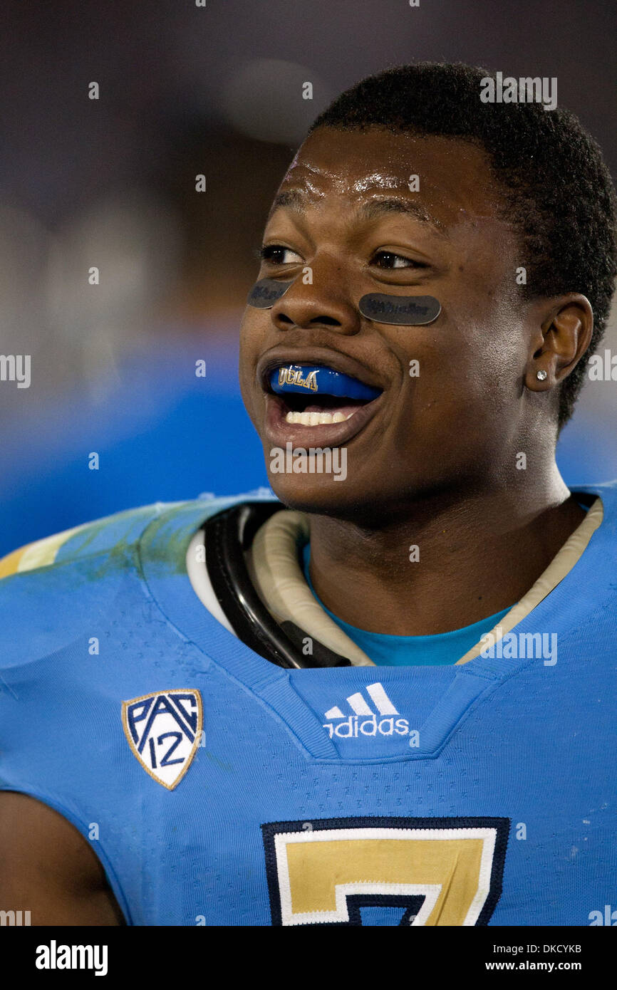 Oct. 29, 2011 - Pasadena, California, U.S - UCLA Bruins safety Tevin McDonald #7 is all smiles after catching 3 interceptions during the NCAA Football game between the California Golden Bears and the UCLA Bruins at the Rose Bowl. The Bruins went on to defeat the Golden Bears with a final of 31-14. (Credit Image: © Brandon Parry/Southcreek/ZUMAPRESS.com) Stock Photo