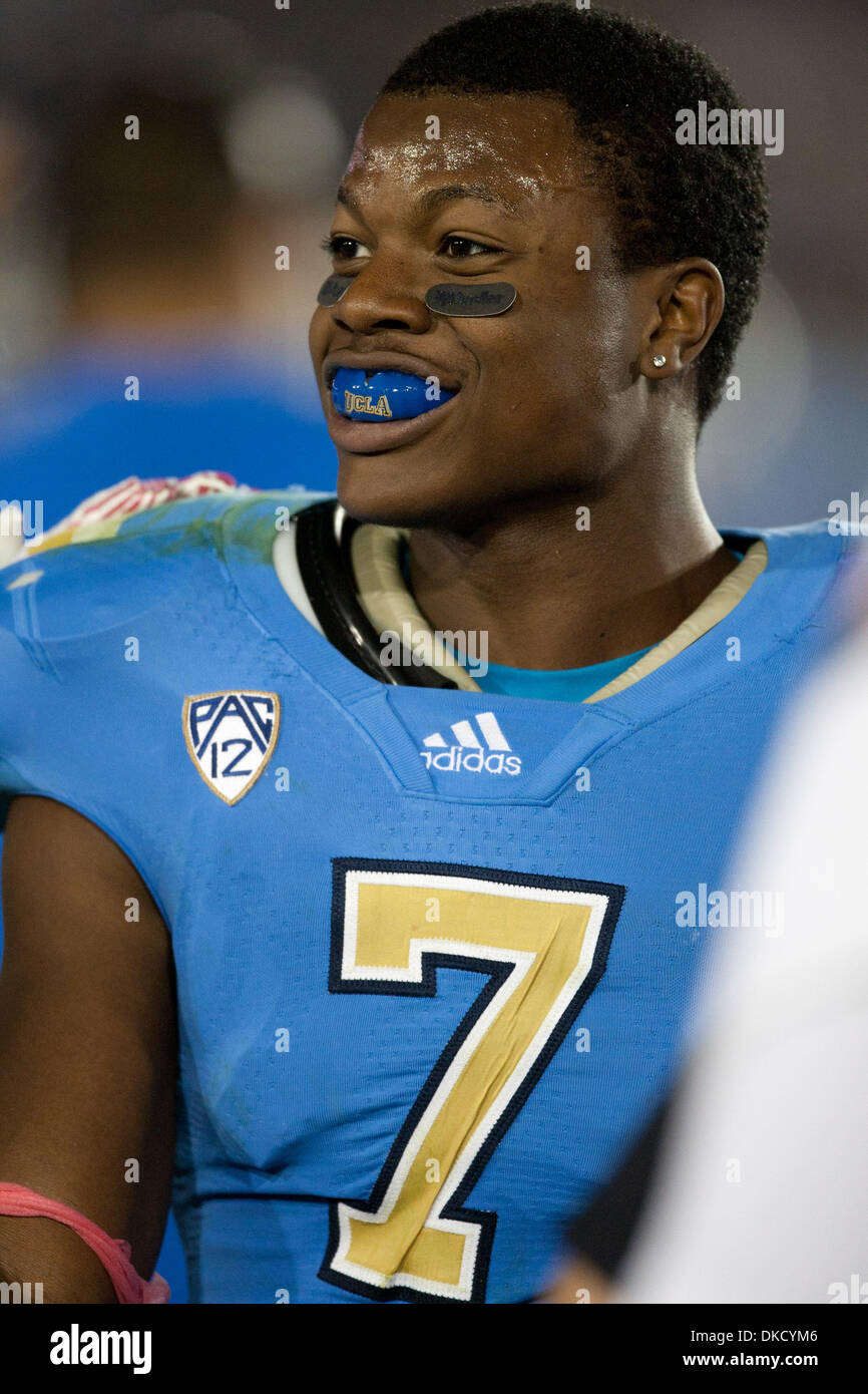 Oct. 29, 2011 - Pasadena, California, U.S - UCLA Bruins safety Tevin McDonald #7 is all smiles after catching 3 interceptions during the NCAA Football game between the California Golden Bears and the UCLA Bruins at the Rose Bowl. The Bruins went on to defeat the Golden Bears with a final of 31-14. (Credit Image: © Brandon Parry/Southcreek/ZUMAPRESS.com) Stock Photo