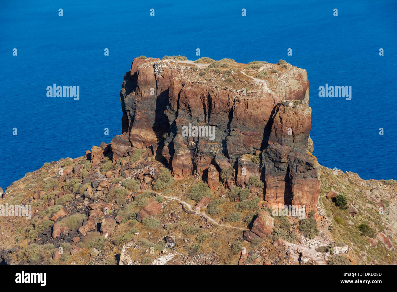 Skaros rock in Santorini against blue sea as a background Stock Photo