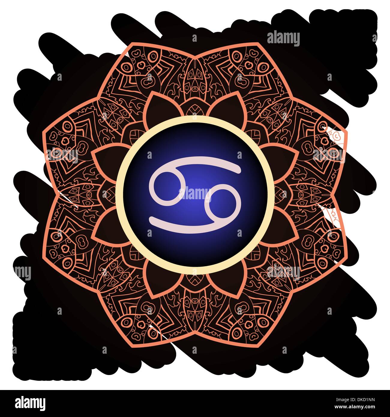 zodiac sign Cancer. What is karma? Vector circle with zodiac signs on ornate wallpaper. Oriental mandala motif square lase patte Stock Vector