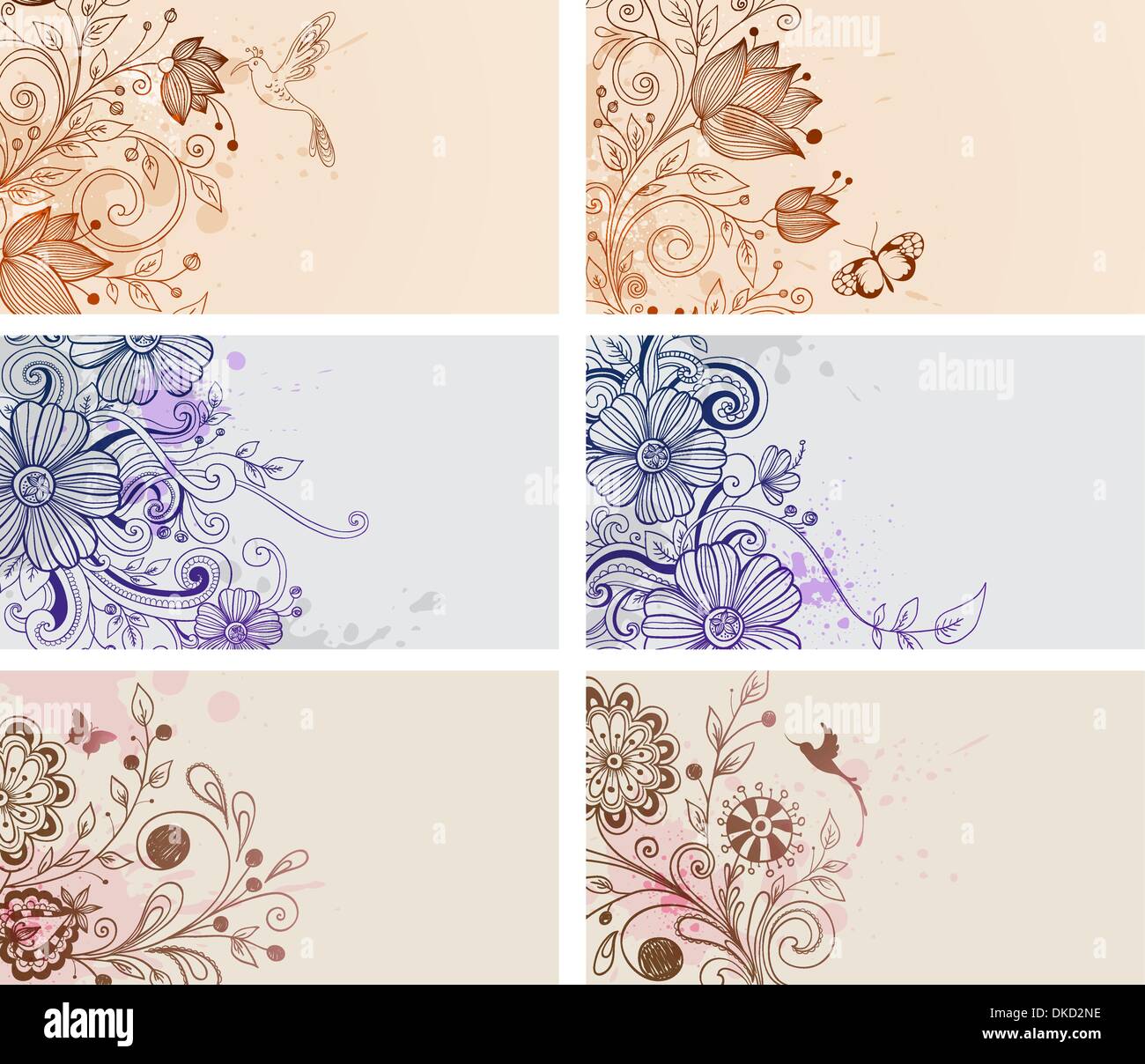 Vector vintage hand drawn cards with flowers and butterflies Stock