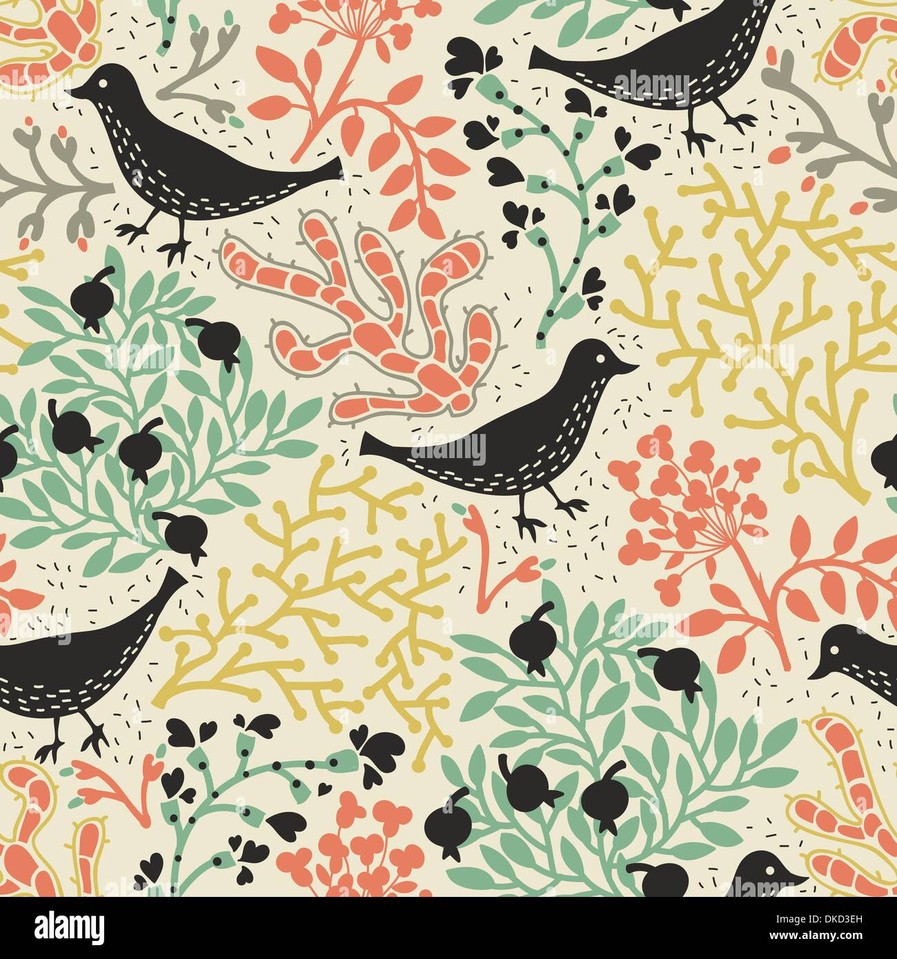 vector floral seamless pattern with fantasy birds and plants Stock ...
