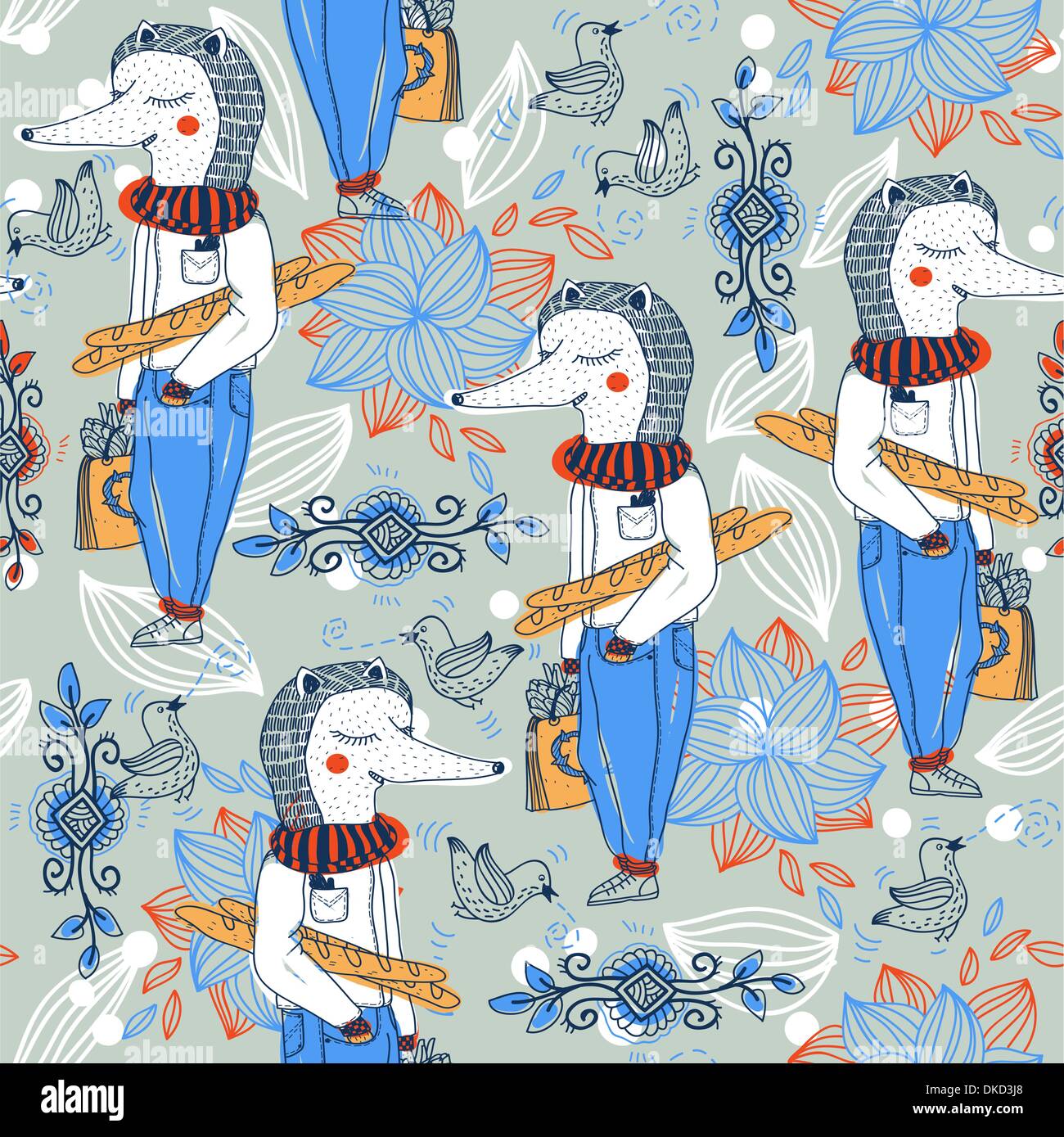 vector seamless pattern with cute hedgehogs , flowers and birds Stock Vector