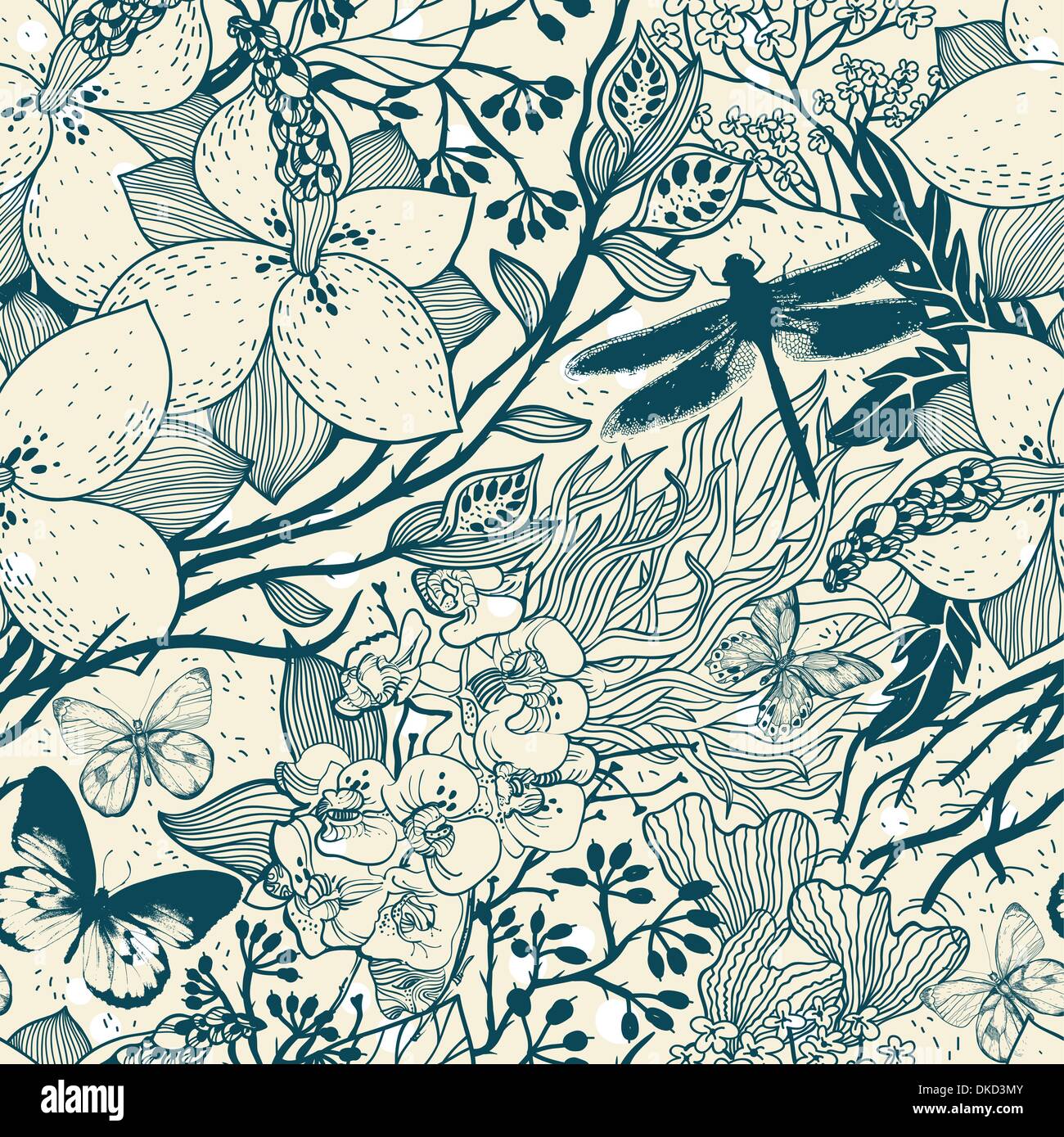 vector floral seamless pattern with blooming garden flowers Stock ...