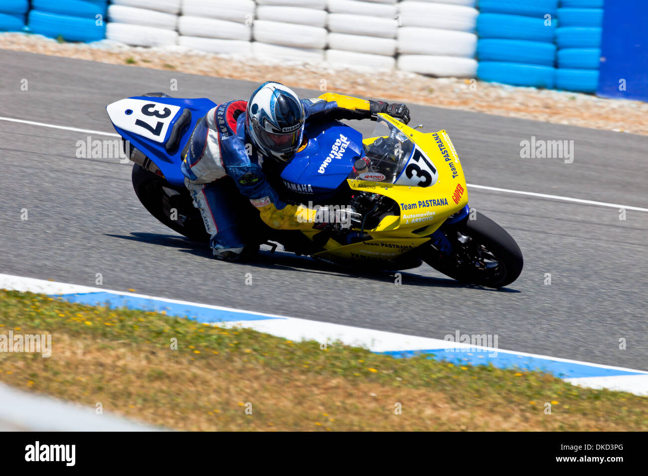 Stock Extreme motorcyclist Jorge Arroyo takes a curve in the CEV Championship race Stock Photo