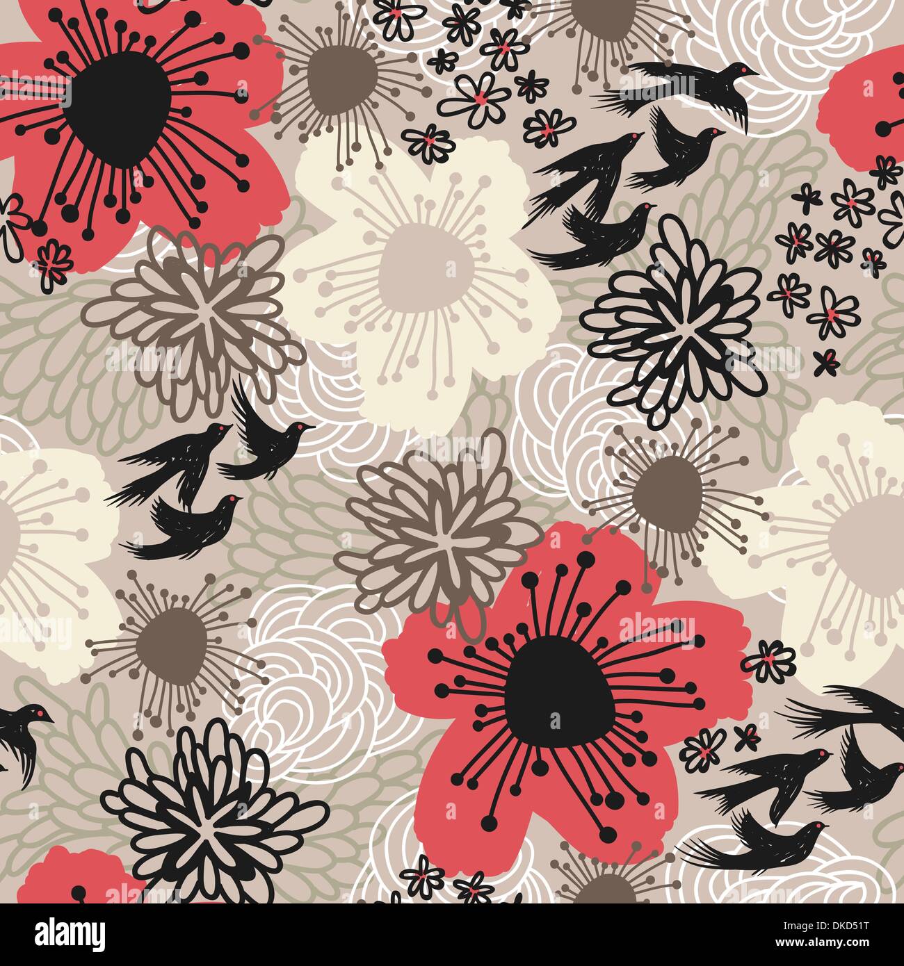 vector floral seamless pattern with fantasy flowers and flying birds ...
