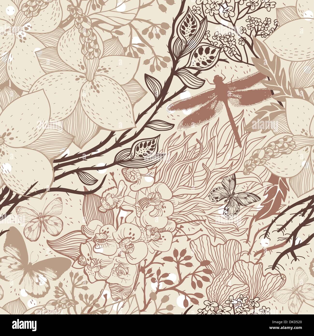 vector floral seamless pattern with garden flowers and butterflies on a ...