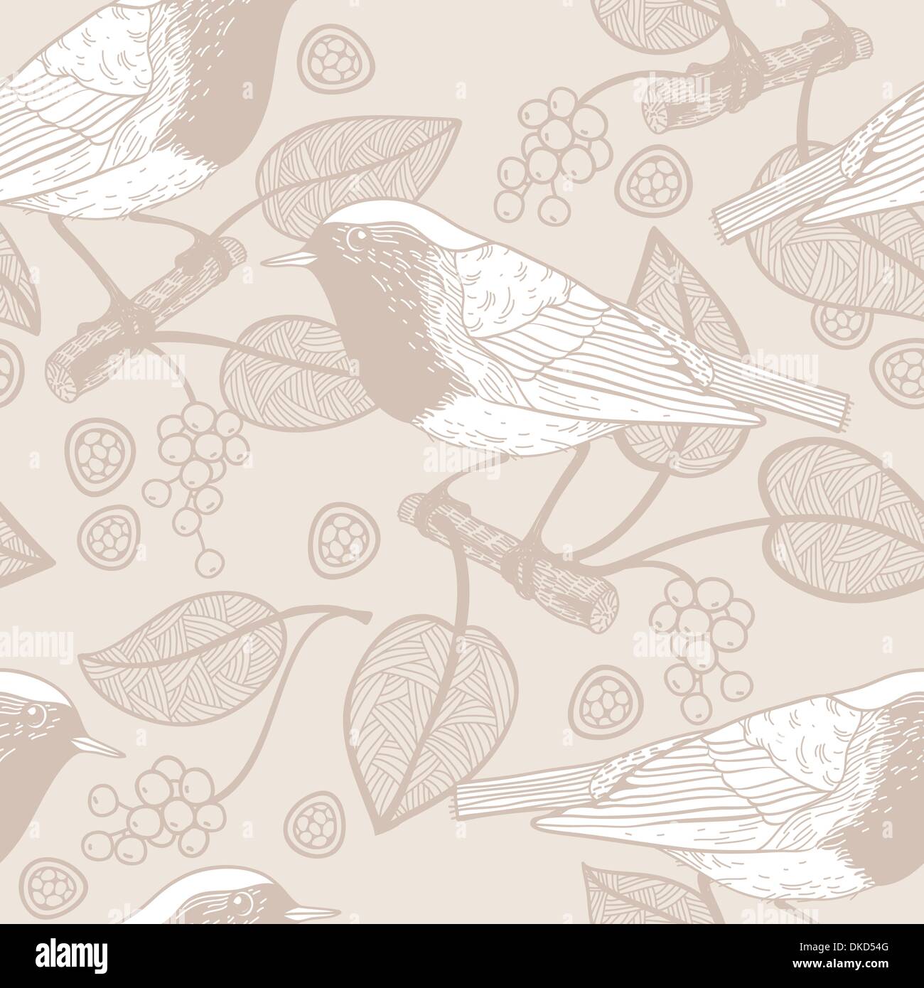 vector  seamless pattern with beige birds and leaves Stock Vector