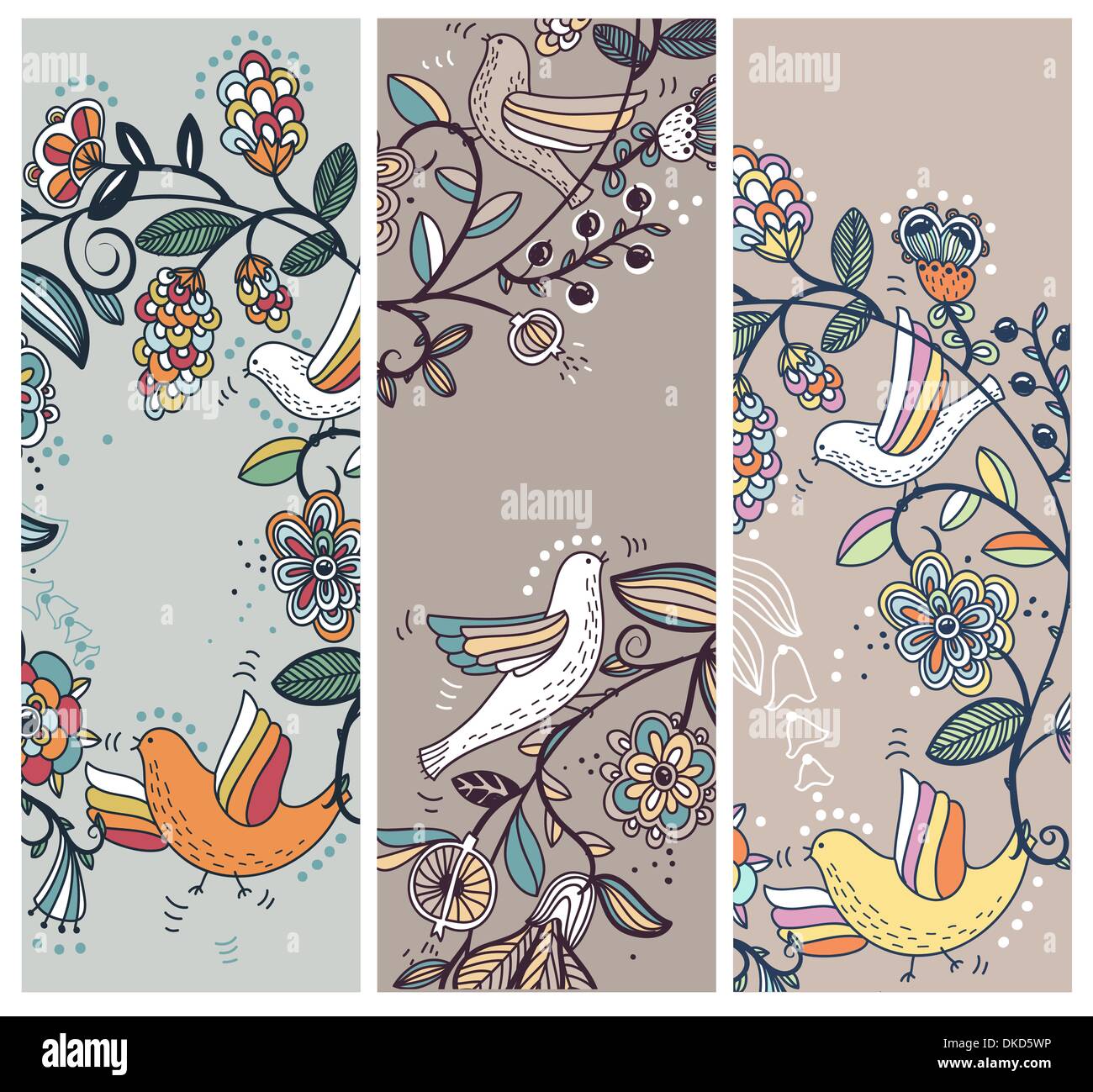 vector floral set of hand drawn cards with flowers and birds Stock ...
