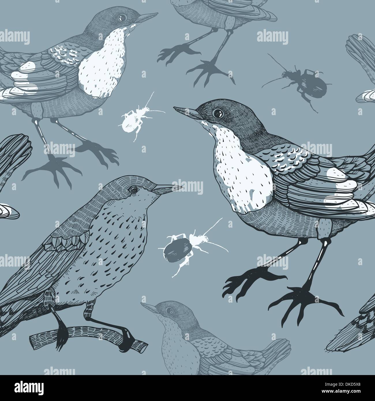 vector seamless pattern with hand-drawn birds and beetles Stock Vector ...