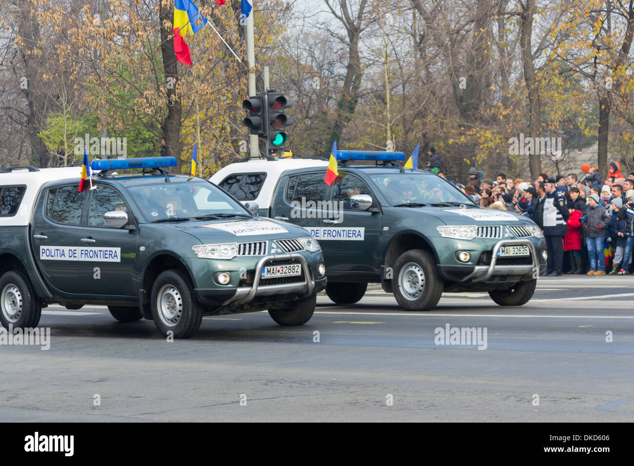 Romanian Border Police Mitsubishi L200 Dog cars - December 1st, Parade on Romania's National Day Stock Photo
