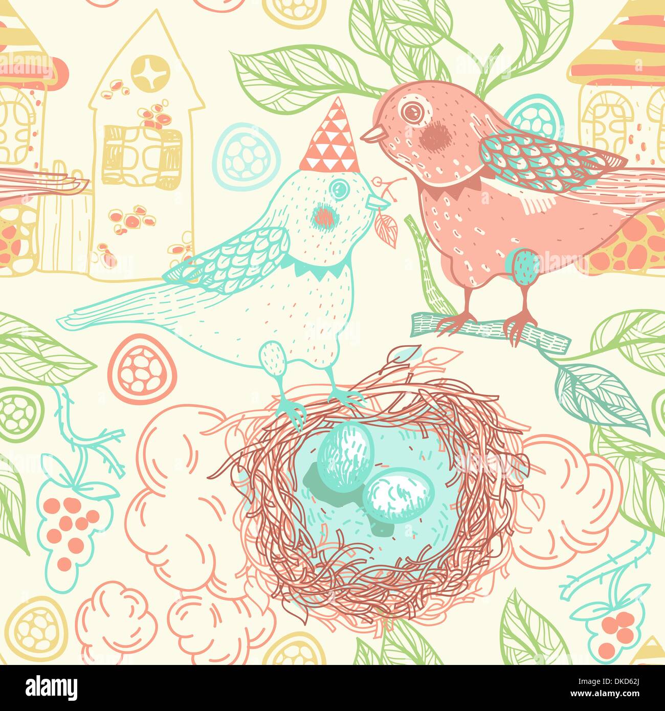 vector seamless pattern with cartoon birds and nests Stock Vector Image ...