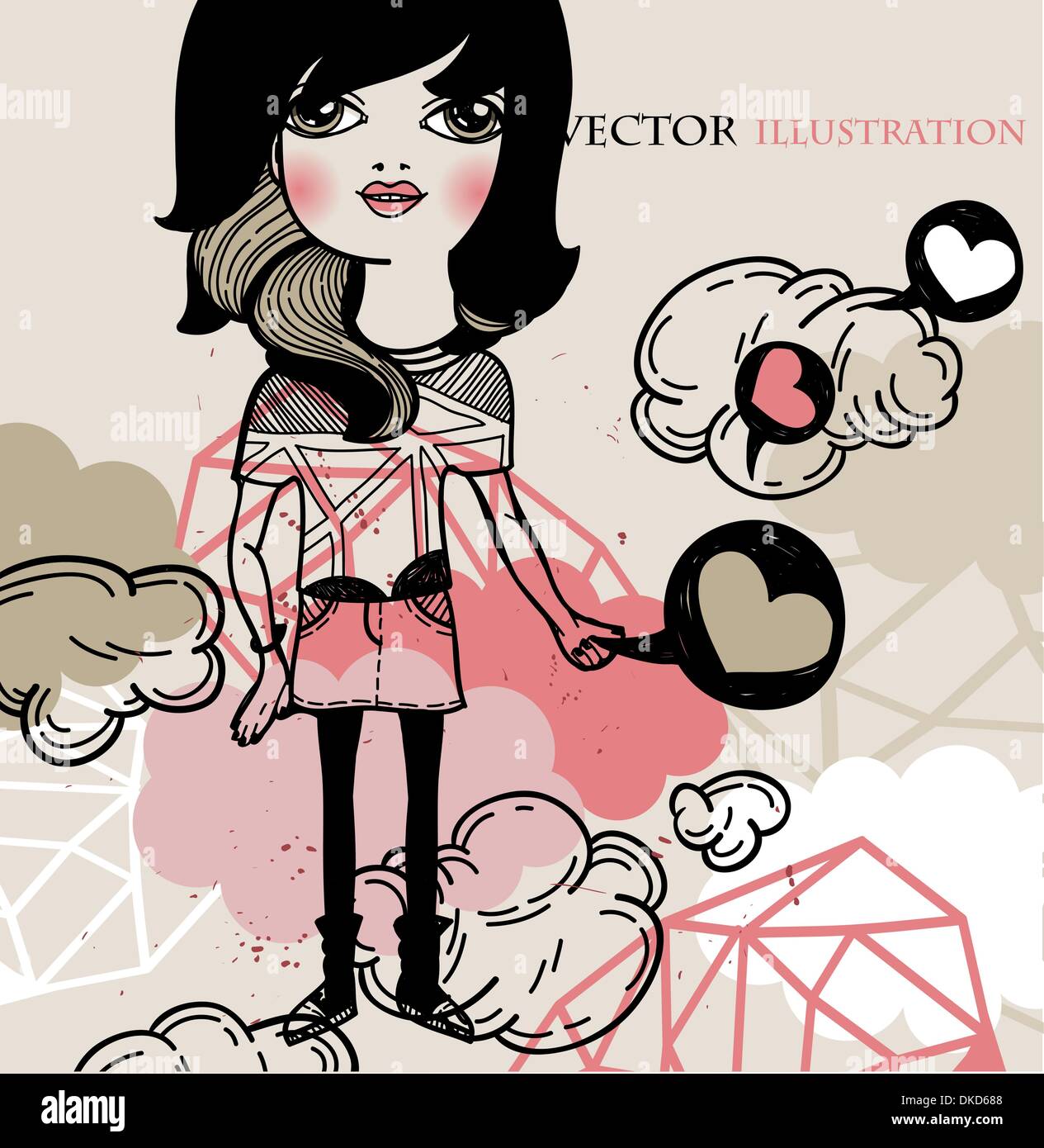 vector illustration of a girl with abstract clouds Stock Vector Image ...