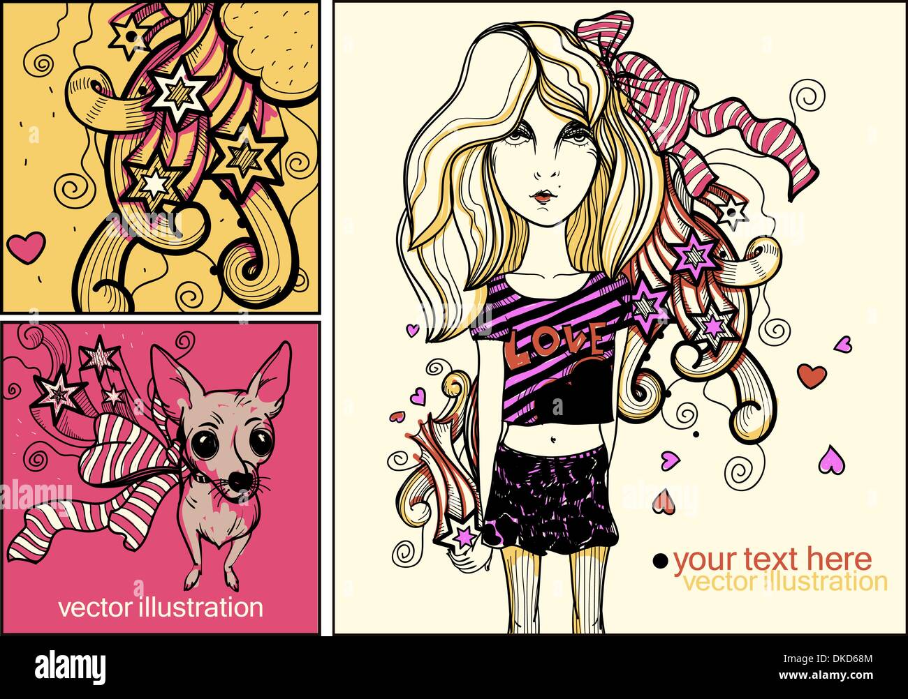 vector set of bright hand drawn cards with a young girl, little dog and ...