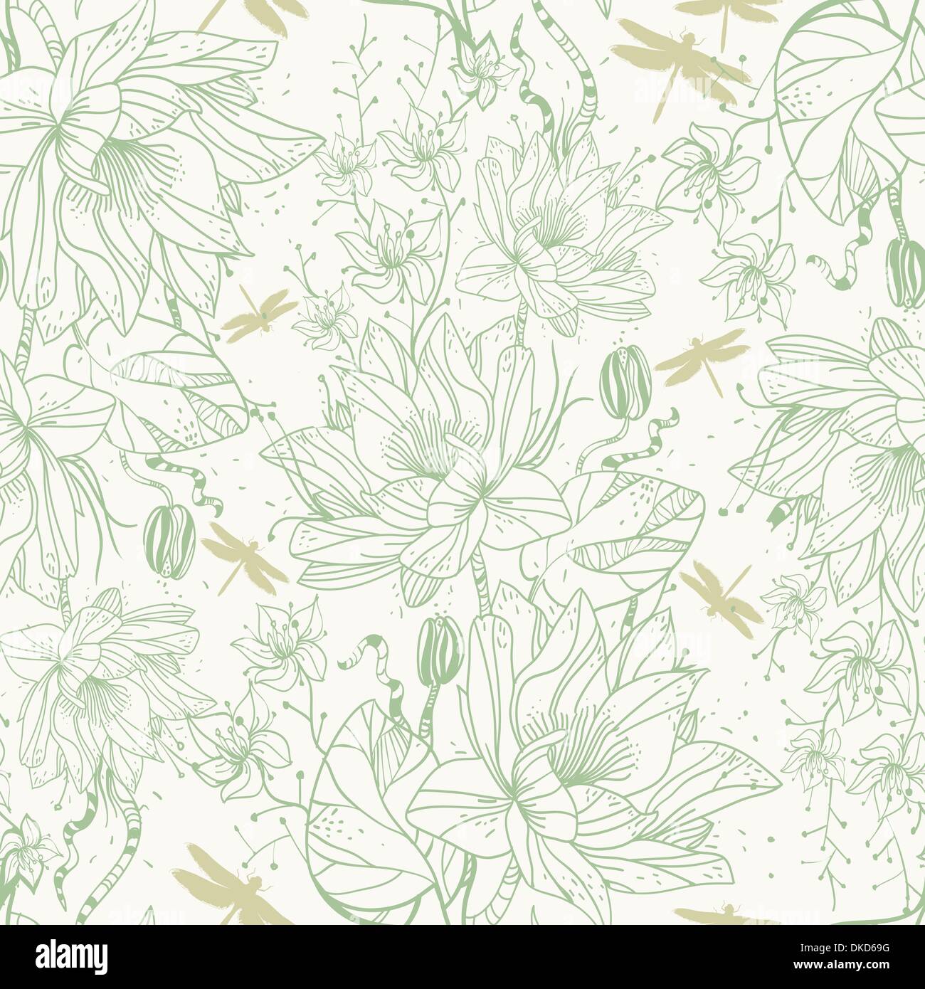 vector floral seamless pattern with waterlilies and dragonflies Stock ...