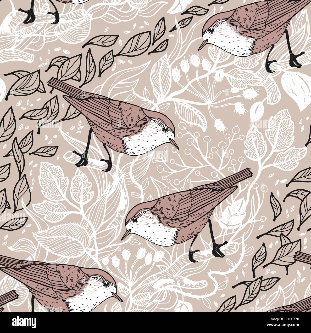 vector seamless pattern with beige birds and abstract plants Stock ...