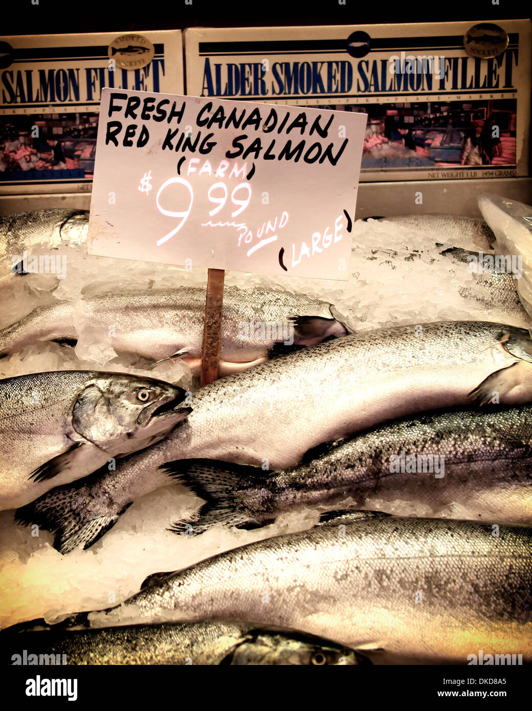 Salmon for sale in Pikes Place Market Seattle Washington Stock Photo