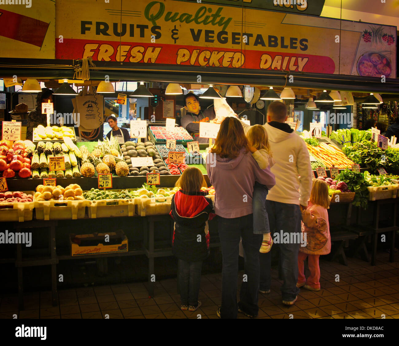Family shopping in Pikes Place Market Seattle Washington Stock Photo