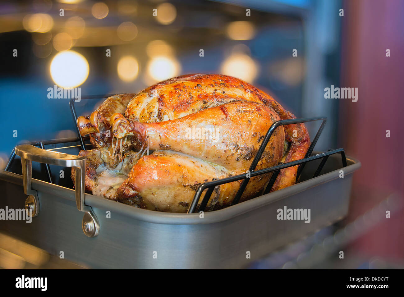 Turkey Cooked Brined and Seasoned with Spices in Roasting Pan for Thanksgiving Dinner with Blurred Oven Background Stock Photo