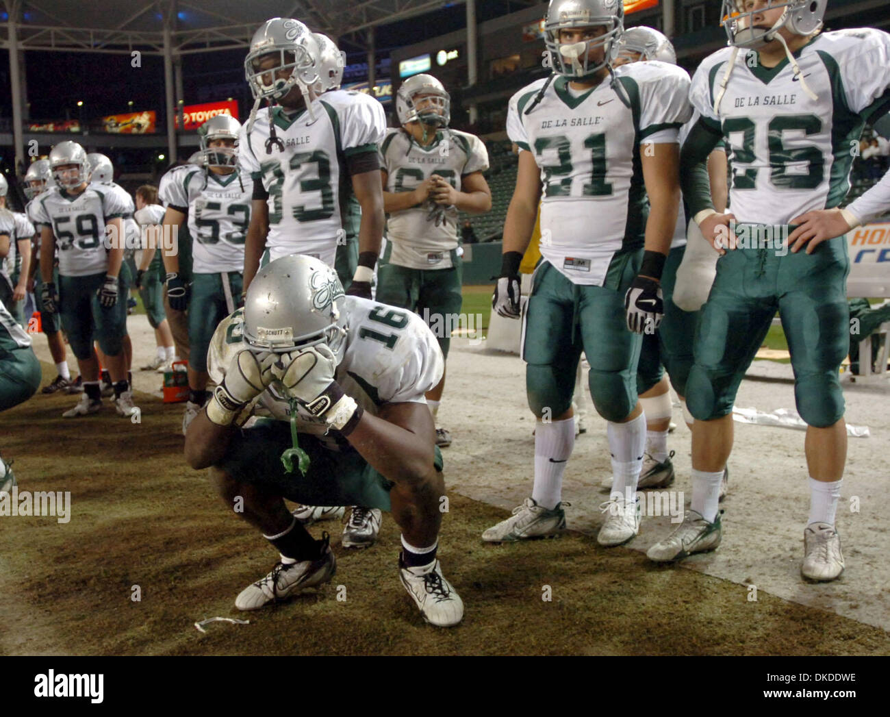 Dec 16, 2006; Carson, CA, USA; PAUL WRIGHT #16 and his De La Salle team mates watch their dream for a state title go down in defeat to Canyon 27-13 in the California Interscholastic Federation Division I State Bowl Championship game in Carson, Calif. Dec. 16, 2006.  Mandatory Credit: Photo by Karl Mondon/Contra Costa Times/ZUMA Press. (©) Copyright 2006 by Contra Costa Times Stock Photo