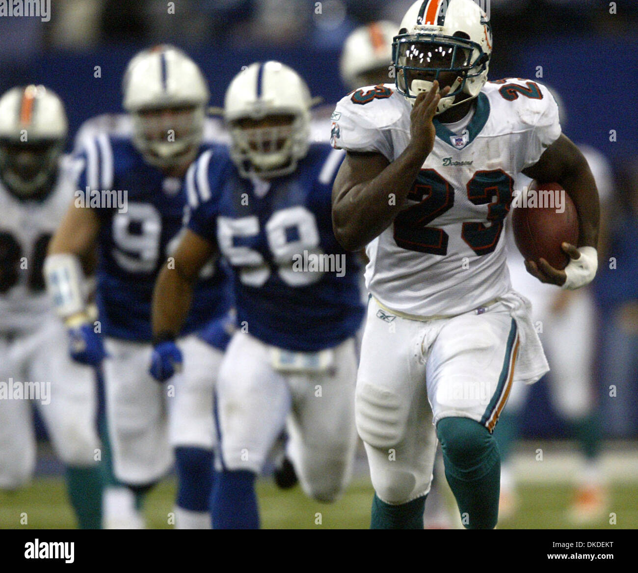 Dec 31, 2006; Indianapolis, IN, USA; Dolphins running back RONNIE BROWN breaks away for a long gain in Sunday's game against the Colts at the RCA Dome.  Mandatory Credit: Photo by Damon Higgins/Palm Beach Post/ZUMA Press. (©) Copyright 2006 by Palm Beach Post Stock Photo