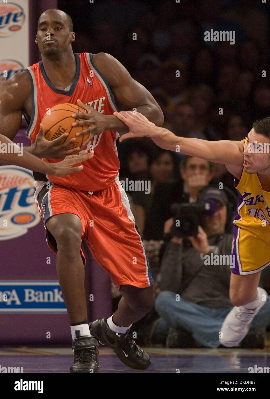 Jan 26, 2007 - Los Angeles, CA, USA - Charlotte Bobcats'  player (50) EMEKA OKAFOR pulls the ball away from Los Angeles Lakers player SASHA VUJACIC in the first  half of their game at the Staples Center in Los Angeles, California. Stock Photo