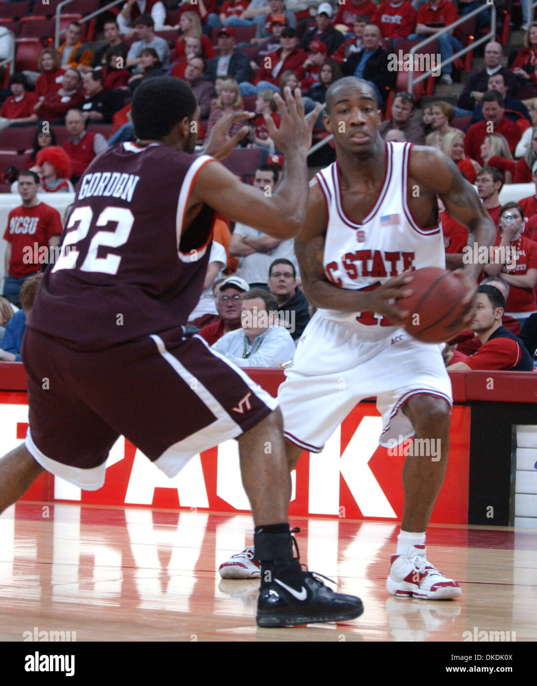 Feb 18, 2007 - Raleigh, NC, USA - NCAA College Basketball North Carolina State Wolfpack (11) GAVIN GRANT drives to the basket as Virginia Tech Hokies (22) JAMON GORDON guards him as the North Carolina State Wolfpack beat the Virginia Tech Hokies with a final score of 81-56 as they played at the RBC Center located in Raleigh. (Credit Image: © Jason Moore/ZUMA Press) Stock Photo