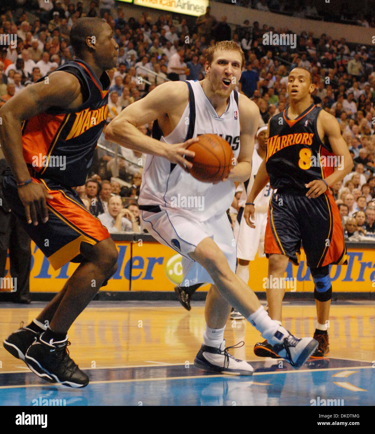 May 01, 2007 - Dallas, TX, USA - Dallas Mavericks DIRK NOWITZKI celebrates  after beating the Golden State Warriors 118-112 during their first-round  playoff game at American Airlines Center in Dallas on