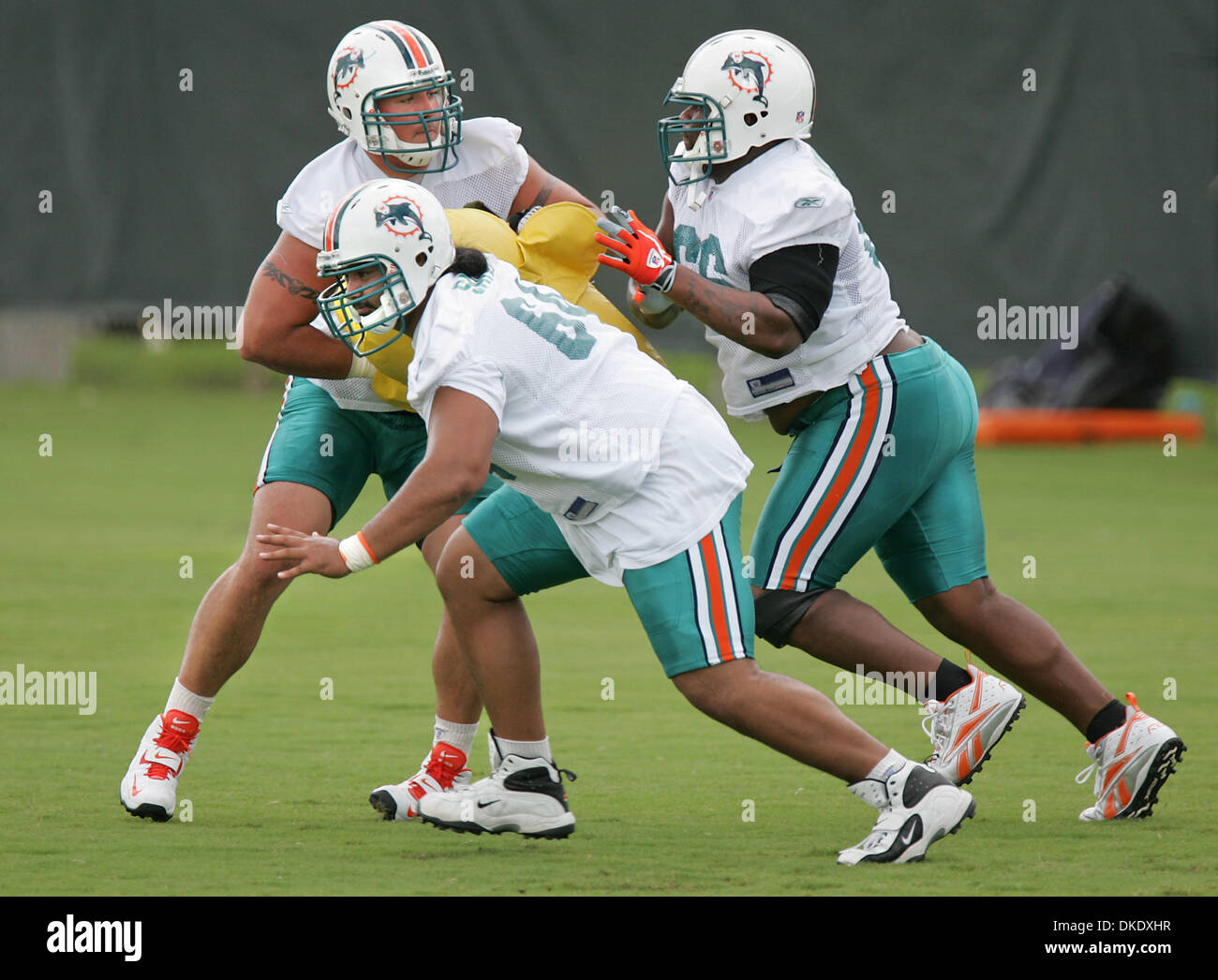 Jun 08, 2007 - Davie, FL, USA - Offensive linemen #64 SAMSON SATELE(foreground), #77 DREW MORMINO and #66 REX HADNOT practice a blocking drill at Dolphins mini camp. (Credit Image: © Allen Eyestone/Palm Beach Post/ZUMA Press) RESTRICTIONS: USA Tabloid RIGHTS OUT! Stock Photo